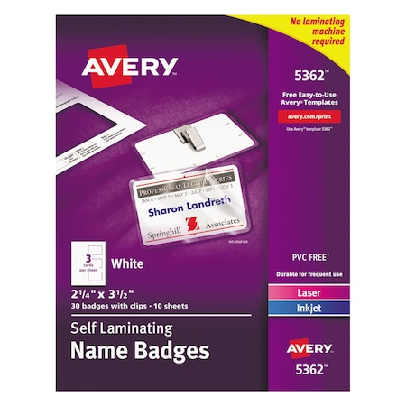 Avery Dennison Name Self Laminate Badge, PK30 5362